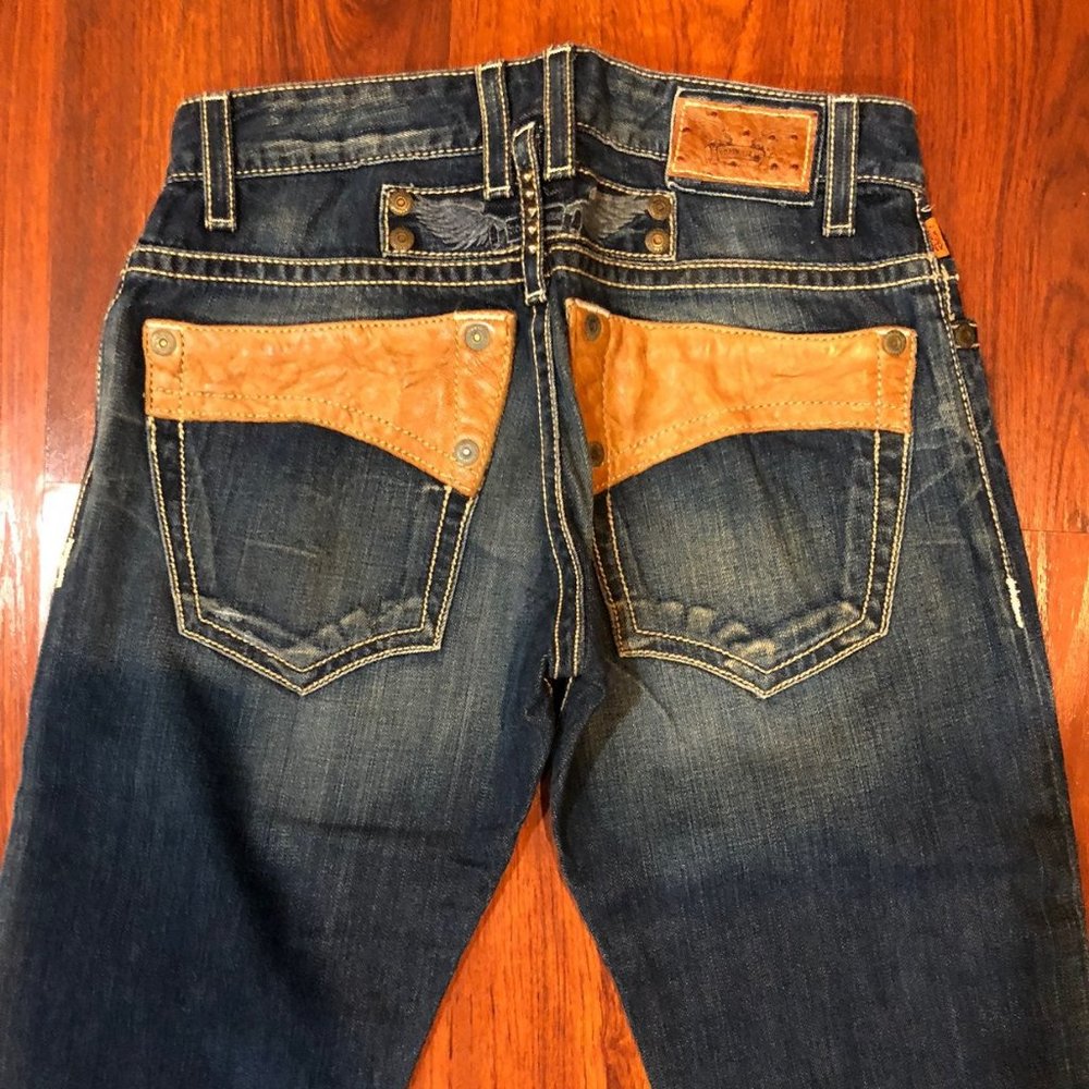 NEW AUTHENTIC ROBIN'S JEANS BROWN INSERT BLUE SZ 28